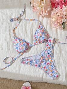 Swim Mod Women's Random Print Halter High Cut Bikini Set, Spring/Summer - Multicolor - View 2