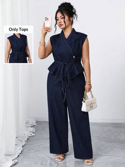 Elenzga Plus Size Women Elegant & Comfortable Dark Blue Non-Stretch Denim Blouse