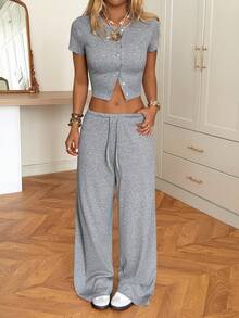 SHEIN EZwear Bộ áo croptop và quần màu xám nhạt cài cúc phía trước dành cho nữ. - Màu Xám nhạt - Xem 6
