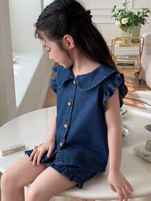 DAZY Young Girl Doll Face Cap Sleeve Denim Top And Shorts 2-Piece Set, Fall - Blue - View 4
