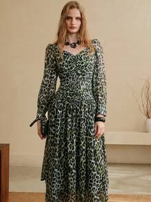 Aveloria Modichic 女士优雅约会连衣裙，采用褶皱腰身、泡泡袖和A字裙摆设计 - 綠色 - 查看 6