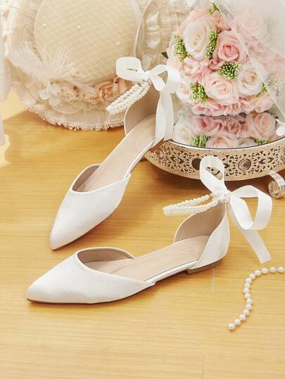 CUCCOO HITCHD Women's Spring/Summer New Fashion Luxury Pearl Chain Beaded Cute Bow Minimalist Flat Shoes, Pointed Toe, Romantic Elegant White Satin Casual Comfortable Open Toe Slip-On Low Heel Flats, Suitable For Wedding, Party, Date, All Seasons Elegant Shoes Wedding Shoes