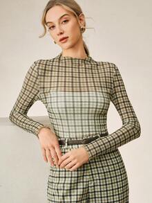 Anewsta Women's Fashionable Retro Brown Plaid Slim Fit Lightweight Long Sleeve Summer Tops - Green - View 4