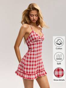 Sweetina Women's Summer Fashion Plaid Ruffle Hem Halter Mini Dress - Red - View 4
