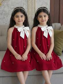 SHEIN 女童黑色迷你连衣裙，饰有白色蝴蝶结和珍珠，短款连衣裙，正式礼服，节日礼服，派对礼服，新年礼服，圣诞节红色连衣裙。樱桃图案连衣裙，女童红色连衣裙，女童红白连衣裙，女童酒红色连衣裙 - 酒紅色 - 查看 6