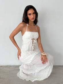 Aloruh 女士优雅系带露背雪纺纹理纯色沙滩长裙 - 杏色 - 查看 6