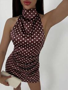 Aloruh Women's Polka Dot Pattern Ruched Sexy Halter Mini Dress - Multicolor - View 4