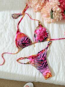 Swim Mod Springbreak Women Beachwear Summer Outfits, Random Print Halter Metal Decor Sexy Bikini Set - Multicolor - View 3