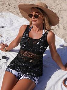 Swim Lushoire 3件套女士吊带比基尼，椰树印花泳衣，夏季沙滩网眼背心泳装 - 彩色 - 查看 5