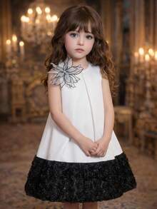 SHEIN Young Girl Woven Colorblock Round Neck Sleeveless 3D Floral Casual Dress - Multicolor - View 7