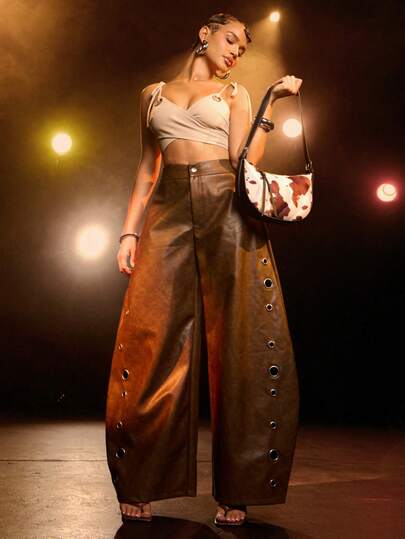 Hauture Women's Sexy Faux Leather Hollow Out Metal Eyelet Ring Detail Trousers Pants