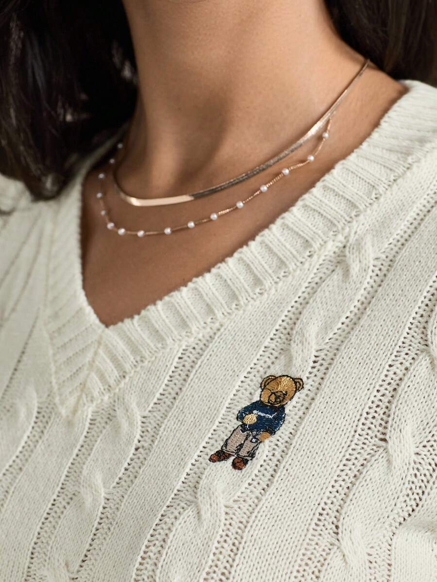 Briarwyn 2026 Nuevo Llegado Verano Mujer Casual Parte Superior de Punto con Bordado de Oso de Dibujos Animados y Retorcido Cable Cuello en V Manga Corta, Parte Superior de Punto Casual para Mujer, Parte Superior de Punto Blanca, Estilo Old Money, Verano, Vacaciones, Cloud Dancer, Retro 80s/Mujer Moderna Preppy Bordado de Oso Cable de Punto Cuello en V Manga Corta Parte Superior de Punto Casual - Blanco - Ver 1