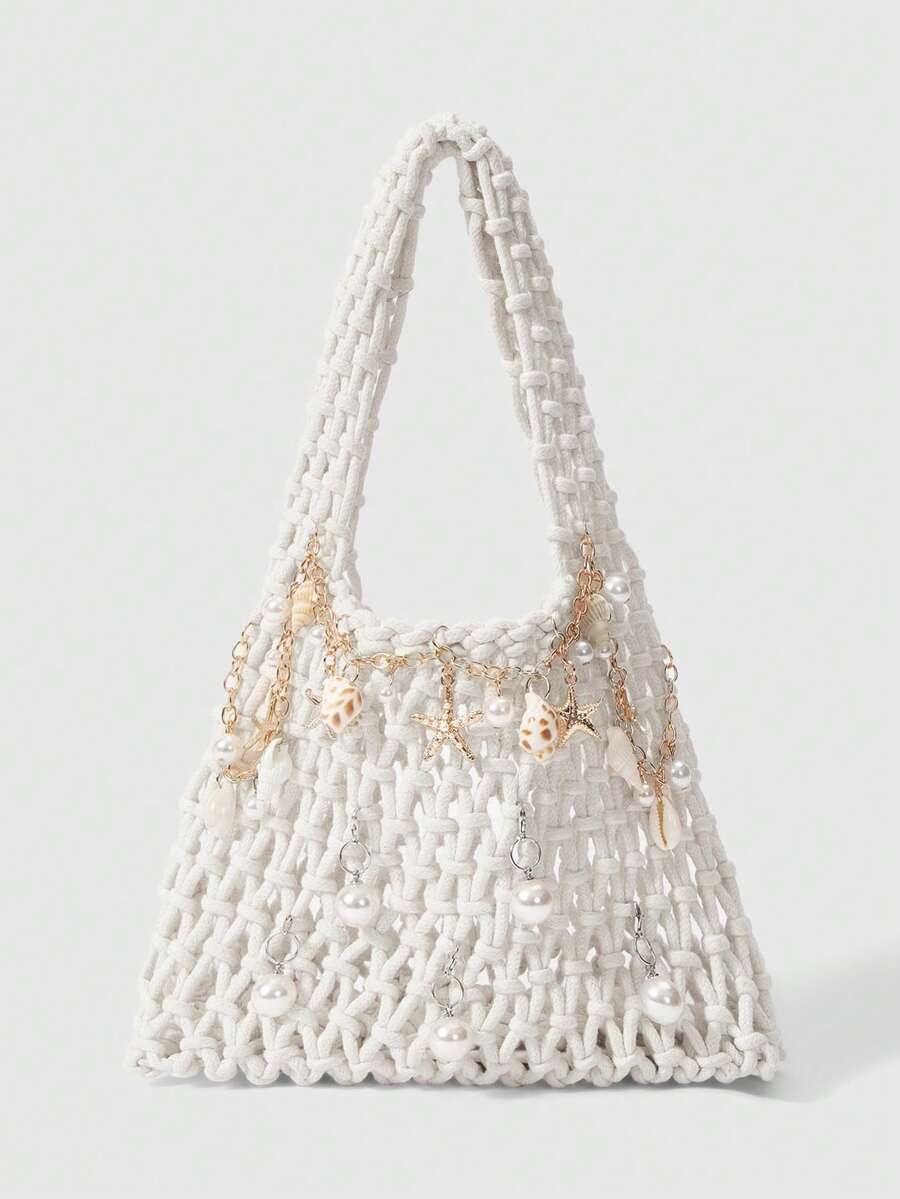 ROMWE Fairycore 1个白色海洋编织沙滩包，度假风，女士DIY配饰，包含1个包和1套配饰，适合春夏穿着，适合海滩、度假、假日、夏季、海边、沙滩派对（配饰需要自行组装） - 多色B - 查看 1