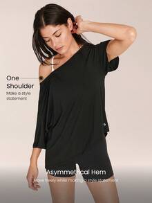 GLOWMODE 2 Pieces Tencel™ Modal 4.3''Asymmetric Relaxed Off-Shoulder Tee & 4.3" FeatherFit™ Buttery-Soft Crossover Biker Shorts Gym Cycling Running - Black - View 3