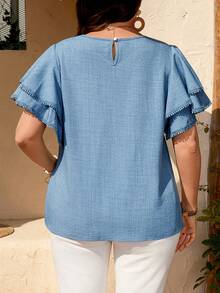Breezaya Kemeja Ukuran Besar dengan Manset Berkerut dan Desain Hiasan Bunga - Biru - View 2