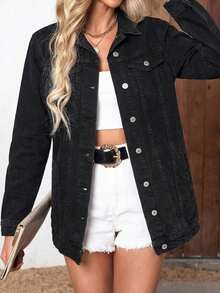 EURMUSE 100%Cotton Flap Pocket Button Front Denim Coat - Black - View 5