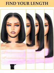 Yaki 直发短波波头假发，真人发，5x5，预处理，无胶假发，蕾丝前假发，真人发，预拔毛发际线，即戴即用，预剪裁，无胶真人发假发，180% 密度 - Natural Black - 查看 7