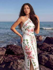 CAJUNI 玫瑰水粉花卉印花中长针织连衣裙。 - 粉色 - 查看 4