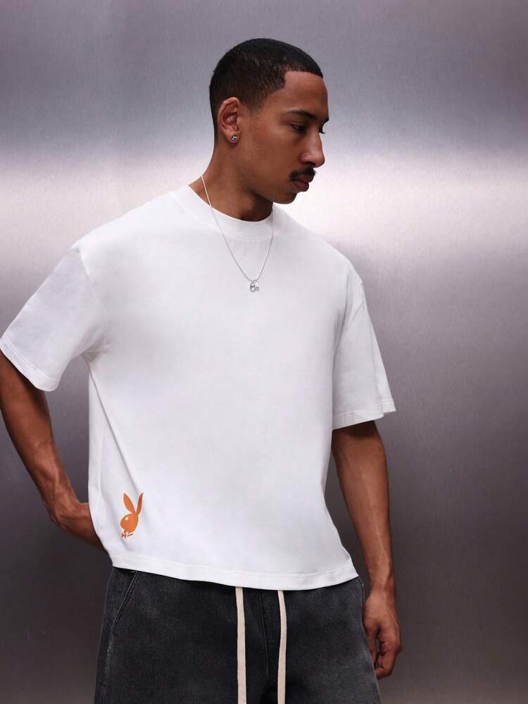 PLAYBOY X SUMWON Crop Fit Men's Summer Club Graphic Print Short Sleeve Crew Neck Regular Fit Holiday T-Shirt With Chest And Back Design
