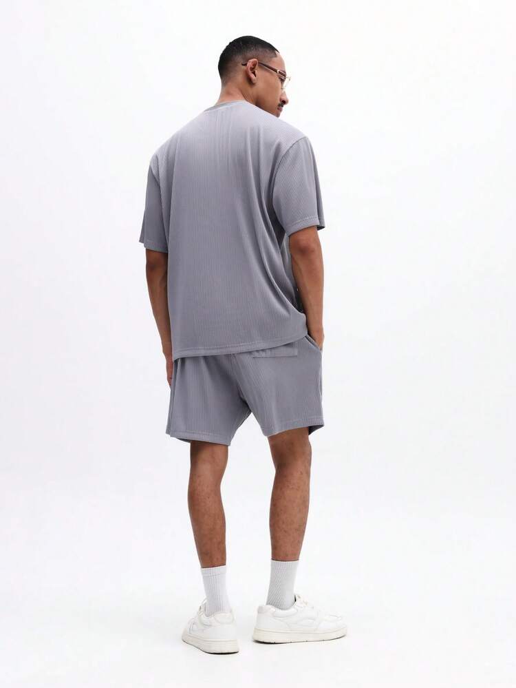 Men's Ribbed Crew Neck T-Shirt And Matching Shorts Two Piece Casual Lounge Set Summer Comfort Wear