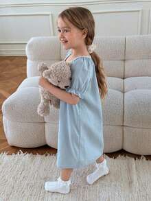 DAZY Young Girl Round Neck Button Pleated Casual Nightgown - Blue - View 5