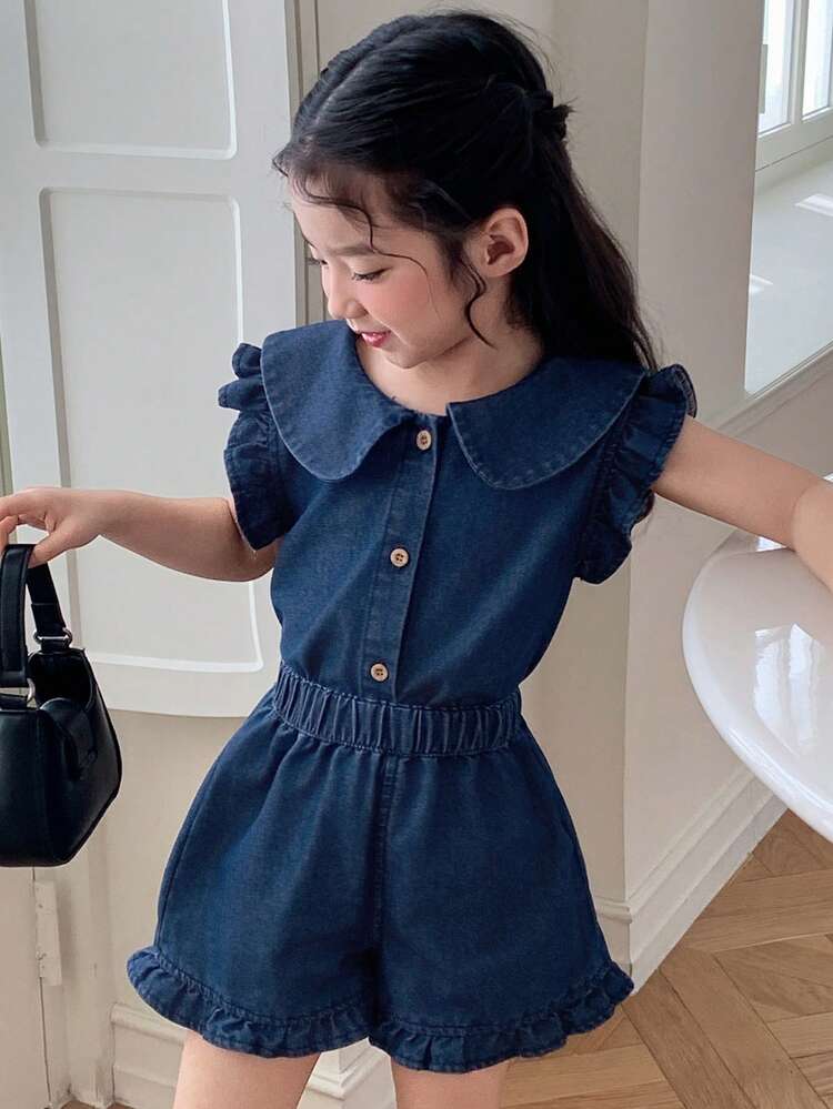 Young Girl Doll Face Cap Sleeve Denim Top And Shorts 2-Piece Set, Fall Summer