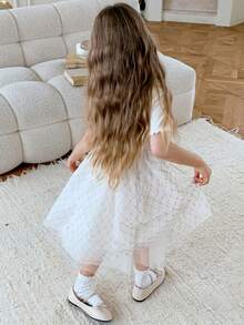 Dazy Kids 女童圆领短袖格子网纱下摆可爱连衣裙 - 米色 - 查看 2