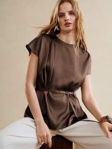 Revavyn Revavyn Áo sơ mi nữ Tencel dáng chữ H cổ tròn tay cánh dơi xếp ly thắt eo kiểu dáng thường ngày/công sở - màu nâu - Xem 4