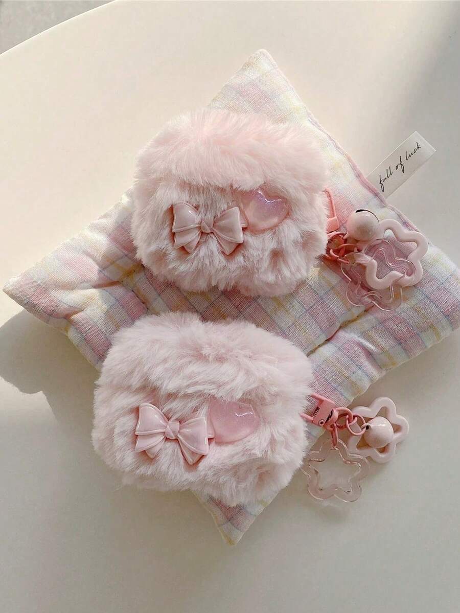 1pc Plush Bow Heart Earphone Case Compatible With Apple 1/2/3/4, Pro 3 With Star Pendant, Shockproof Earphone Cover (Earphones Not Included), Autumn/Winter - Pink - View 1