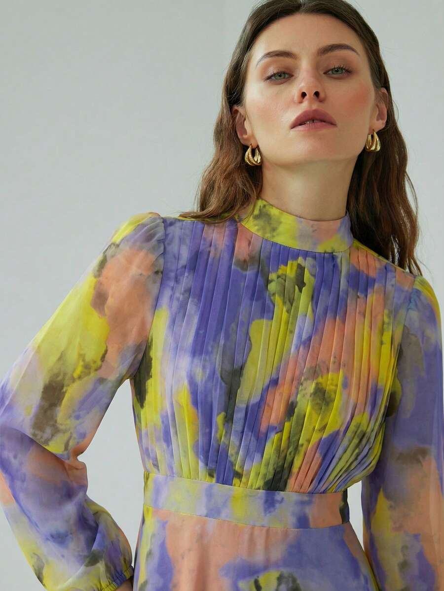 Aveloria Modichic Robe longue à manches longues pour femmes avec taille cintrée, plis à l'avant et imprimé tie-dye bleu-vert élégant et polyvalent pour le travail - Multicolore - Voir 1