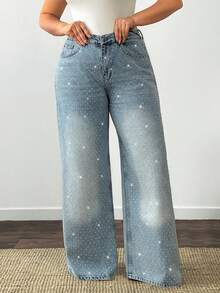 SHEIN Women Rhinestone Embroidery Fashionable Washed Detail High-Rise Wide Leg Elastic Waist Plus Size Denim Jeans - Medium Wash - View 2