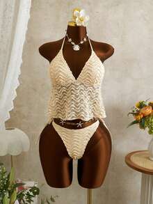 Swim Mod 2026 Spring/Summer Spaghetti Strap V-Neck Textured Apricot Bikini 2 Pieces Swimwear For Women - Apricot - View 1