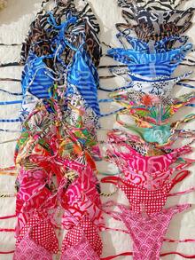 Elavelle Bộ đồ đi biển mùa hè dành cho nữ, bikini gợi cảm với họa tiết ngẫu nhiên, kiểu cổ yếm và trang trí kim loại. - Nhiều màu - Xem 2