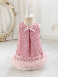 SHEIN Glamorique Kids 女婴蝴蝶结装饰网纱拼接派对连衣裙 - 粉色 - 查看 9