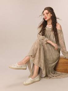 Styleloop 女士度假休闲镂空刺绣编织平底鞋 - 米色 - 查看 6