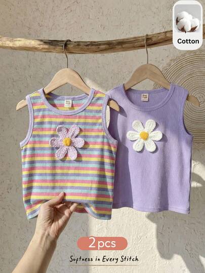 Cozy Pixies Young Girl Floral Patched Knit Soft Round Neck Sleeveless Tank Top 2-Pieces Set Girls Cotton Tops Kids Girl Tops Kids Sleeveless Tops