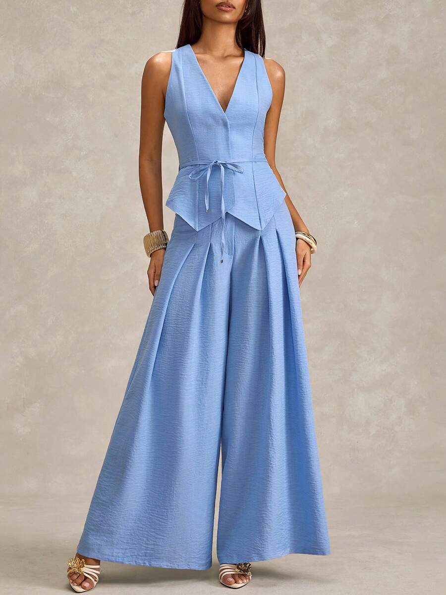 SHEIN Women Modern Blue Vest And Pants Fake Linen - Blue - View 1