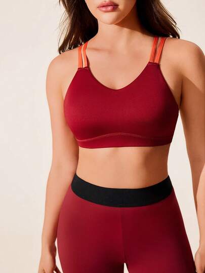 Core Rhythm Fashionable Sports Bra With Dopamine-Inspired Red & Orange V-Neck Design, Removable Cups And Adjustable Straps For Flattering Back Support