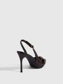 CUCCOO SZL 四季新款鳄鱼纹大纽扣尖头细跟凉鞋，金属纽扣后跟通勤鞋，红色内里高跟鞋，职场百搭女鞋 - 咖啡棕 - 查看 3