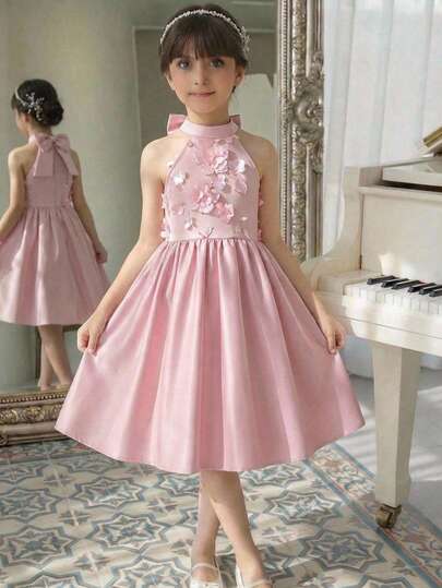 SHEIN Tween Girl Floral Decor Ruffle Elegant Party Dress