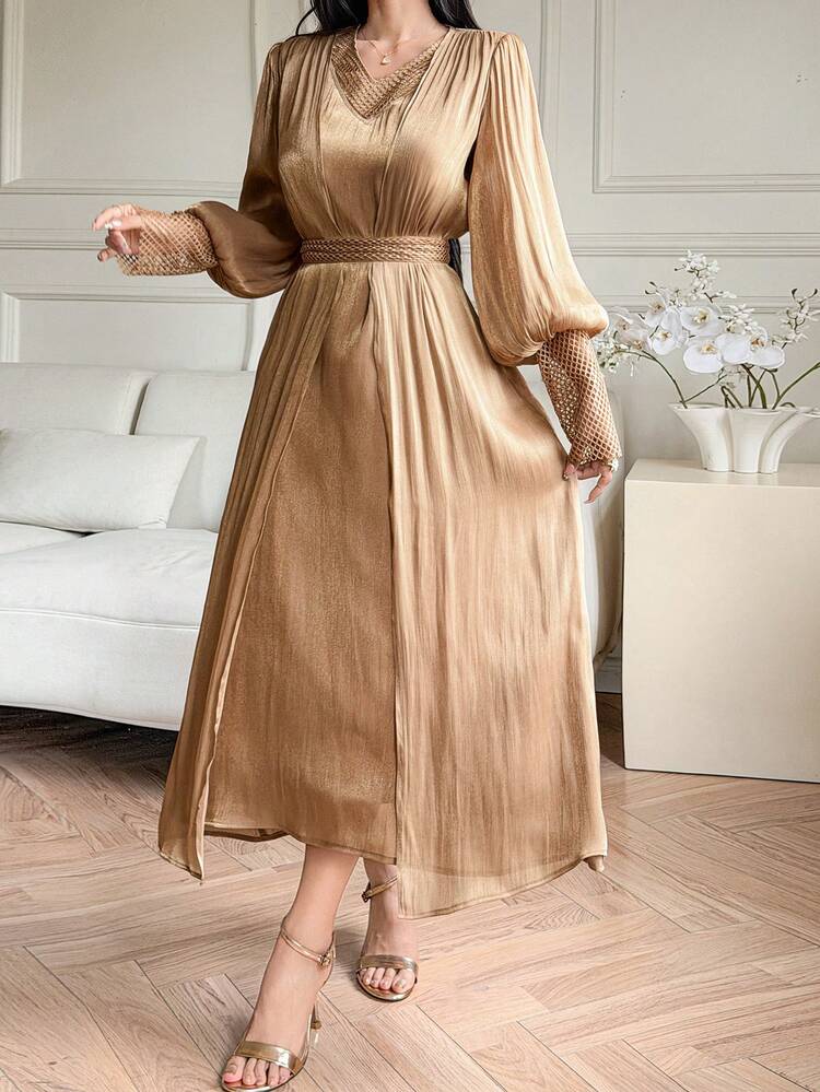 Women's Elegant Patchwork Dress With Belt, Two Pieces Set, Spring/Summer