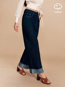 lacRébo 高腰深色阔腿牛仔裤，前部有褶皱，裤脚可卷起，优雅的春夏牛仔裤，法式巴黎风情 - 深色水洗藍 - 查看 1