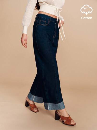 lacRébo Pantalones vaqueros de pierna ancha de cintura alta y cortos de mezclilla oscura con pliegue delantero y bajo enrollado, pantalones de mezclilla elegantes de estilo primavera-verano al estilo francés y parisino