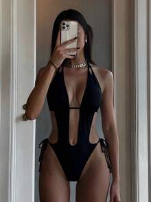 Bonvoyette New Navy Blue Halter Backless Cutout Swimsuit, Slim-Fit High Elasticity Fabric, Suitable For Daily, Vacation, Pool, Slimming & Tummy Control - Black - View 1