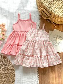 SHEIN Vintaside Kids 2件套女婴荷叶边下摆可爱吊带连衣裙套装 - 彩色 - 查看 1