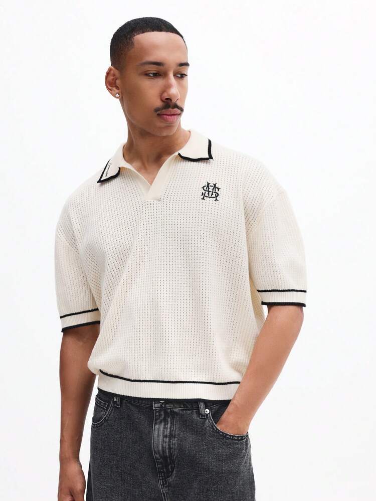 Men's Crop Fit Open Knit Resort Polo With Collared Neckline And Short Sleeves Summer Casual Top