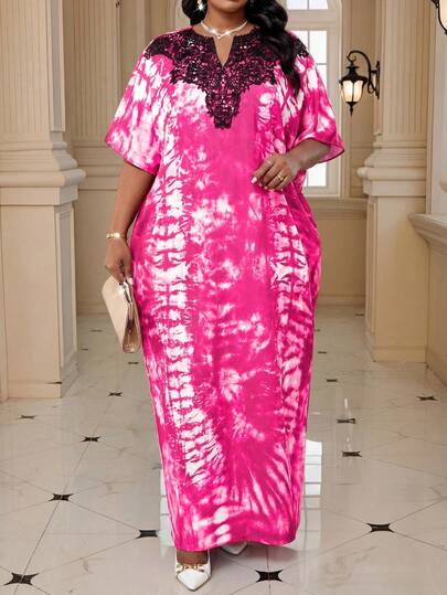 SHEIN Lady Plus Size Spring, Summer, Autumn And Winter Elegant Rose-Red Woven Notch Robe Dress With Lace Collar Vacation Plus Size Dress