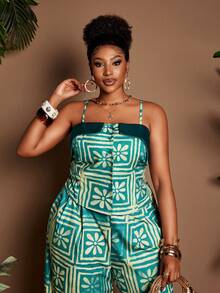 Maweii Set de 2 piese casual pentru femei, mărime plus, cu imprimeu floral, top camisol și pantaloni largi - Multicolor - Vizualizare 5