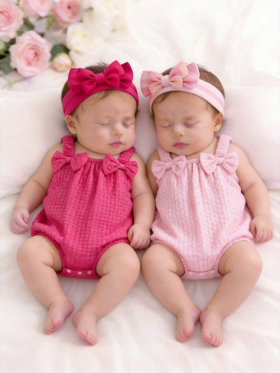 SHEIN 2件套女婴休闲优雅可爱3D立体花卉刺绣吊带连体衣，春夏款 - 粉色 - 查看 1