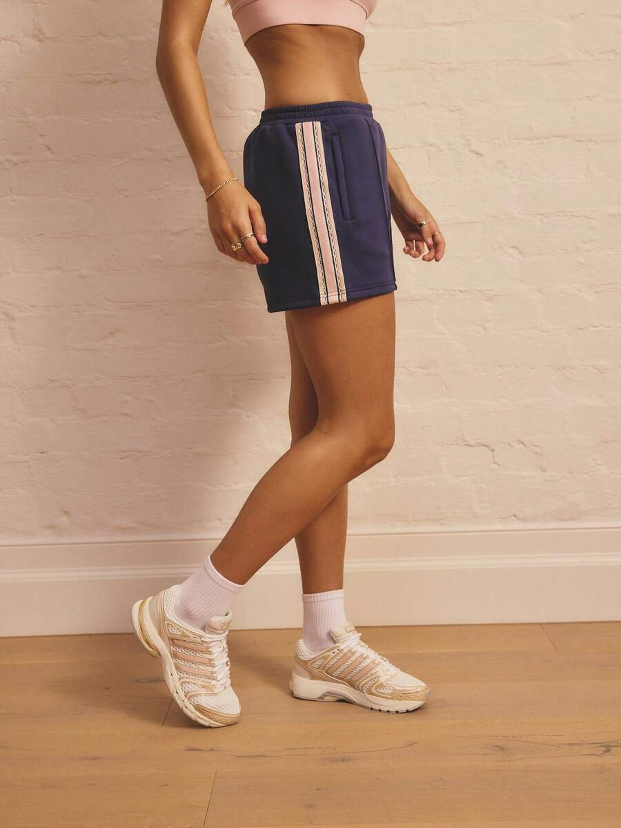 Aralina Leisurewear Active Women's Heavy Weight Ponte Fabric With Side Strip Trim And Front Pin Tuck Detail Gym Workout Loose Short - Navy Blue - View 1